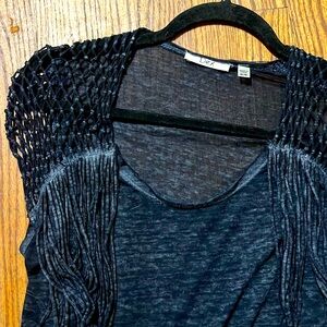 Black Dex top with fringe and crochet. Size M